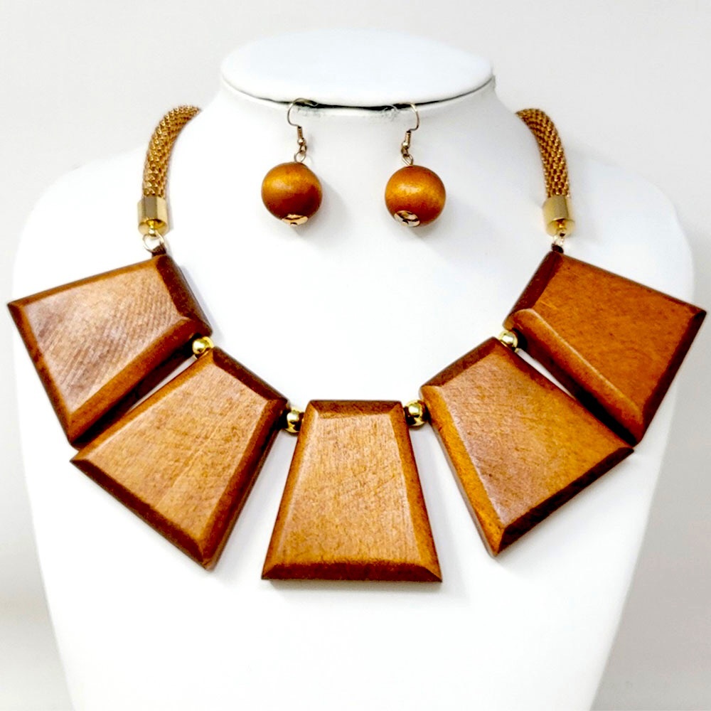 Brown Wood Geometric Abstract Statement Necklace Set